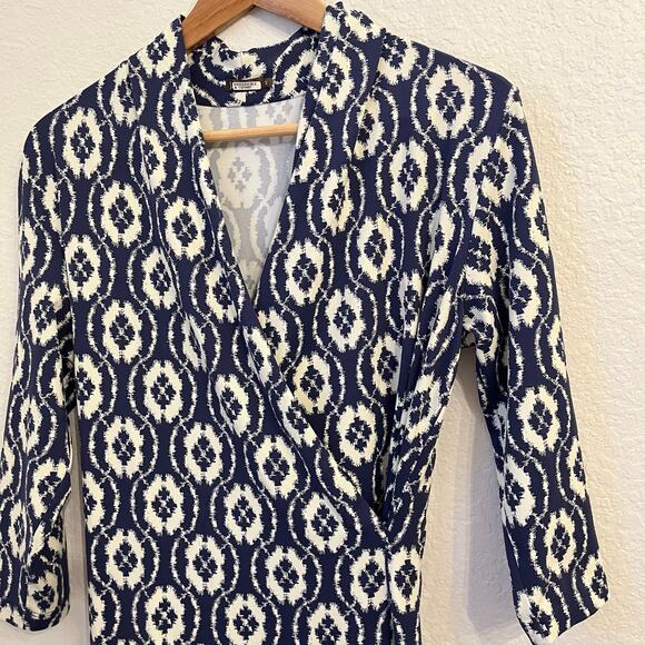 J. McLaughlin Catalina Cloth Faux-Wrap Dress Small Navy Geometric Office Stretch - Picture 5 of 13